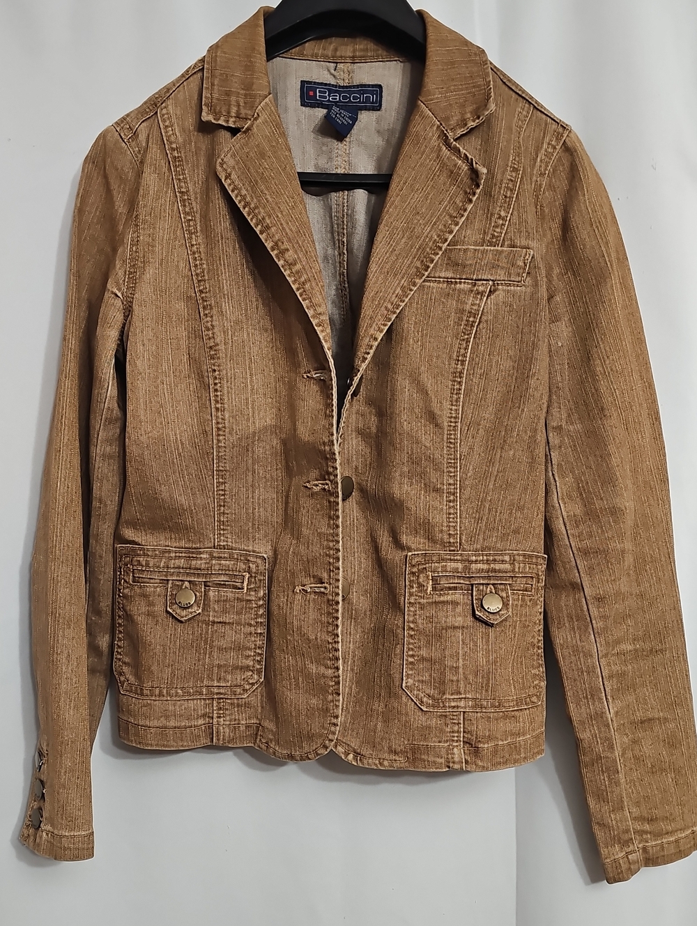 Vintage Baccini Brown Structured Denim Blazer Jacket Size Medium Stretch Y2K